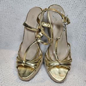 Colin Stuart Gold Strappy Leather Platform Wedge Heel Size 8.5 Womens